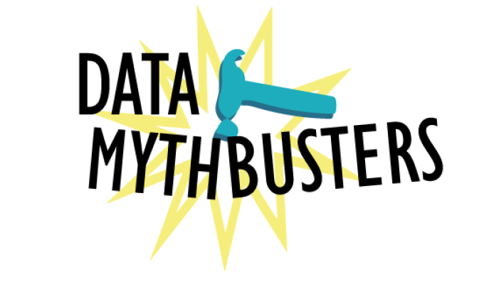 Illustration of a hammer hitting the words "Data Mythbusters"