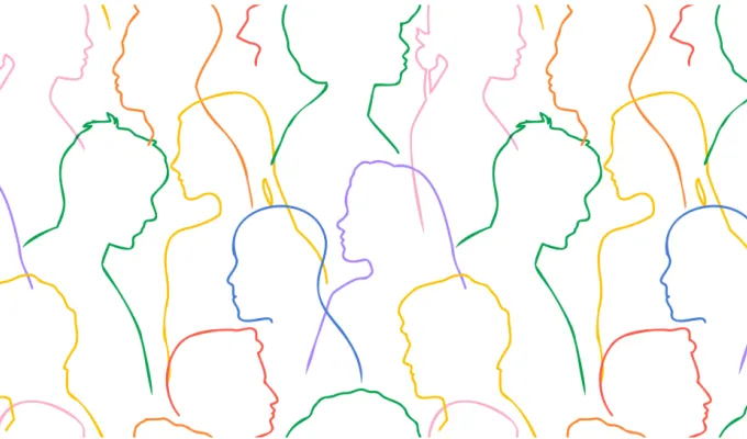 Conceptual illustration of many people's colorfully outlined silhouettes 