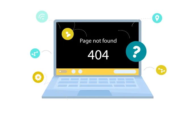 Illustration of a laptop that says "Page not found: 404"