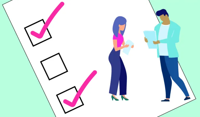 Illustration of one woman and one man, each looking at a paper in their hands, standing on top of an over-sized paper with check boxes and two check marks.