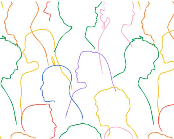 Colorfully outlined silhouette drawings of many people
