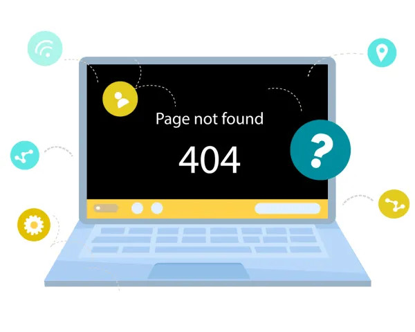 Illustration of laptop that says Page not found: 404 on it.