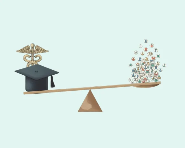 Image of a weighing scale. On one side, there are significantly heavier weight icons representing hospitals and universities and on the other side small lighter icons of representing many nonprofits