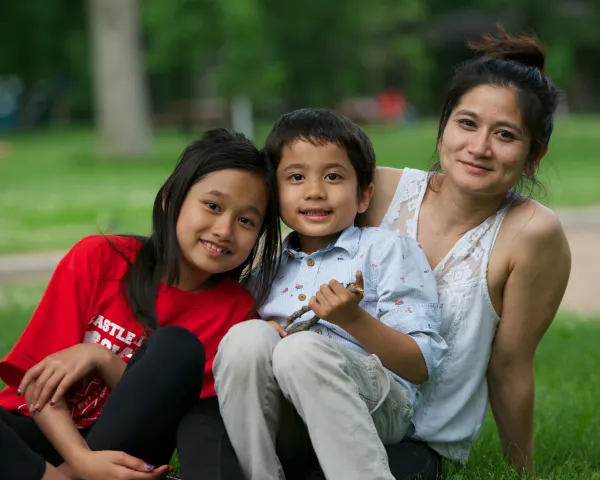 Asian mom with two children