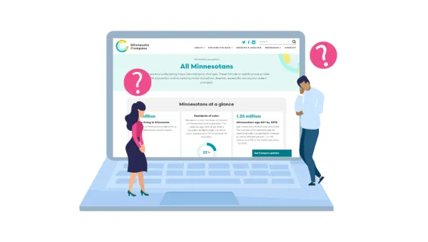 Conceptiual illustration of two people standing on a giant laptop looking at data. A question mark is above their heads.