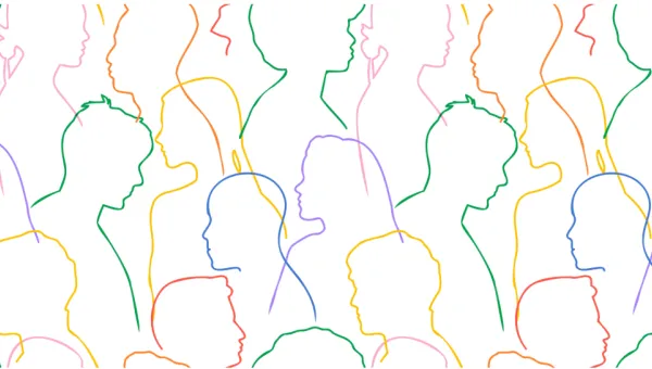 Colorfully outlined silhouette drawings of many people