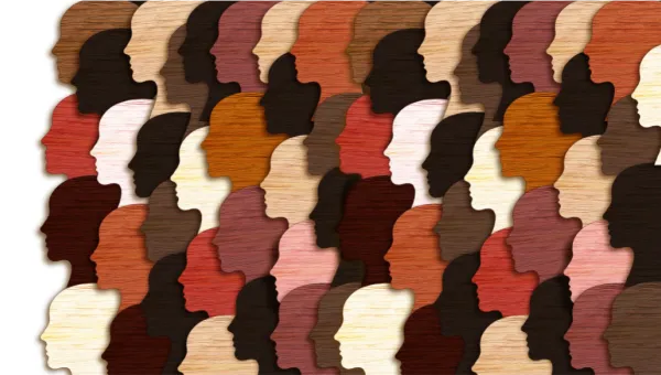 Illustration of silhouettes of rows of many heads, all facing to the left. The heads represent main skin colors, including white, tan, brown, and black. 